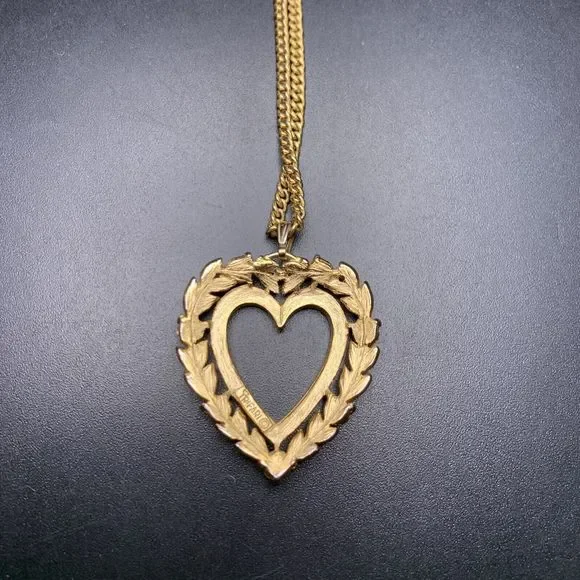 Crown Trifari Heart Pendant Necklace Gold Tone Multicolor Rhinestone Vintage - Picture 5 of 8